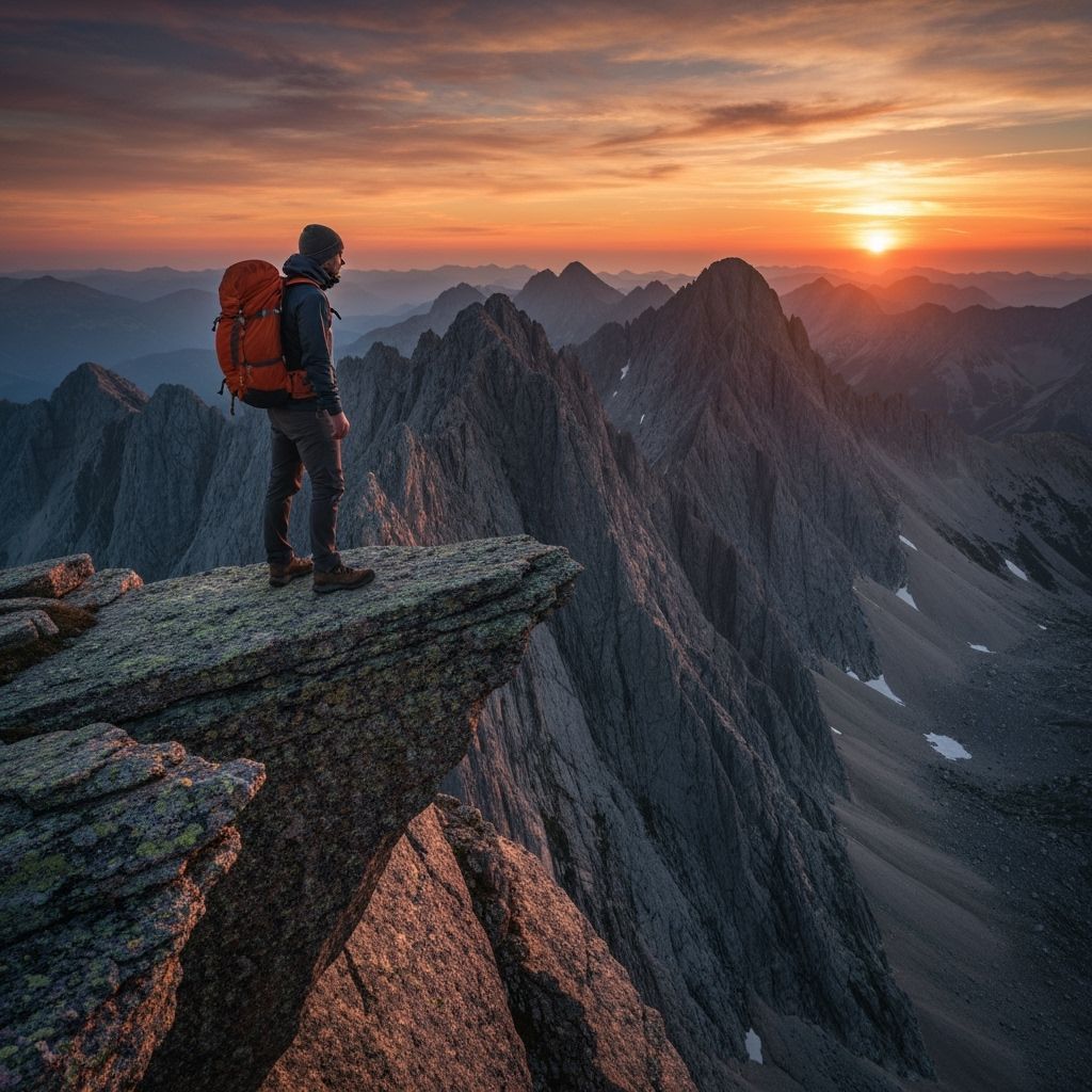 Hiker at Sunset on Mountain Cliff Edge