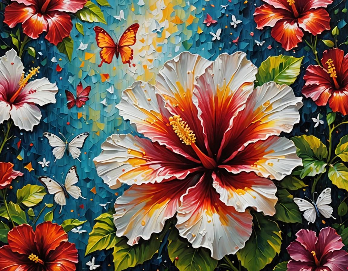 IMPASTO PAINTING - Hibiscus and Butterflies  by @Uttia Majumdar