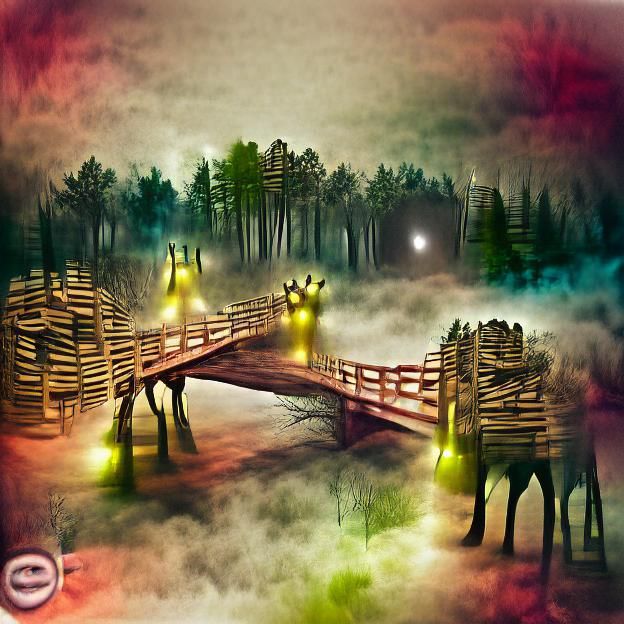 Foggy forest wooden bridge night photoillustration