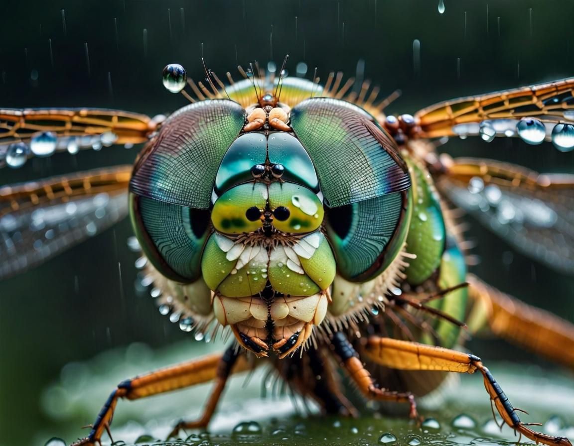 Macro Photography of a Dragonfly under the Rain  by @Jane77755