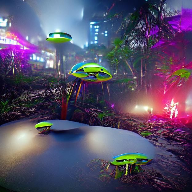 UFO in the middle of a living neon jungle CryEngine 8K 3D
