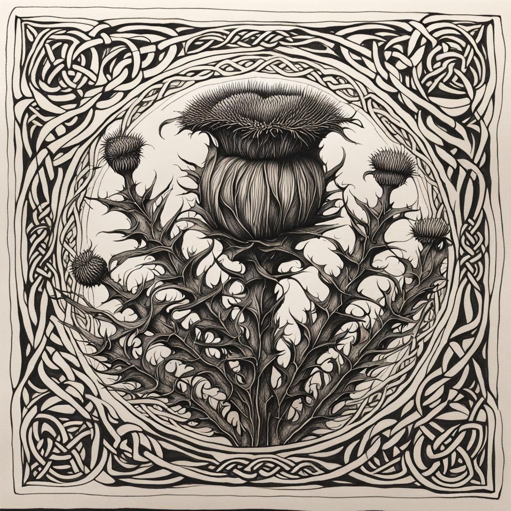Celtic ink drawing thistle detailed ink on paper knot work 
  by @Karebear