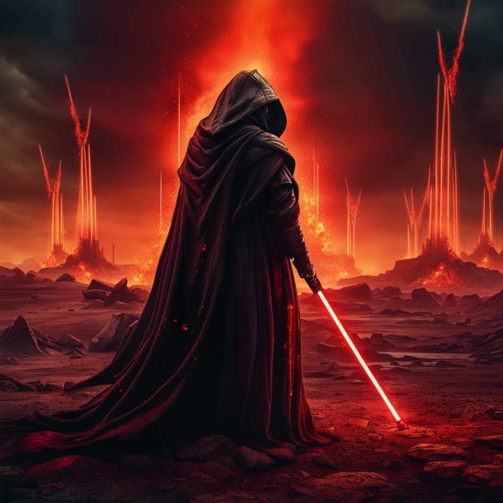Darth Nihilus style robed Sith standing in a fiery wasteland...