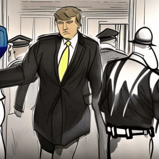 sketch of donald trump being led into court by several polic...