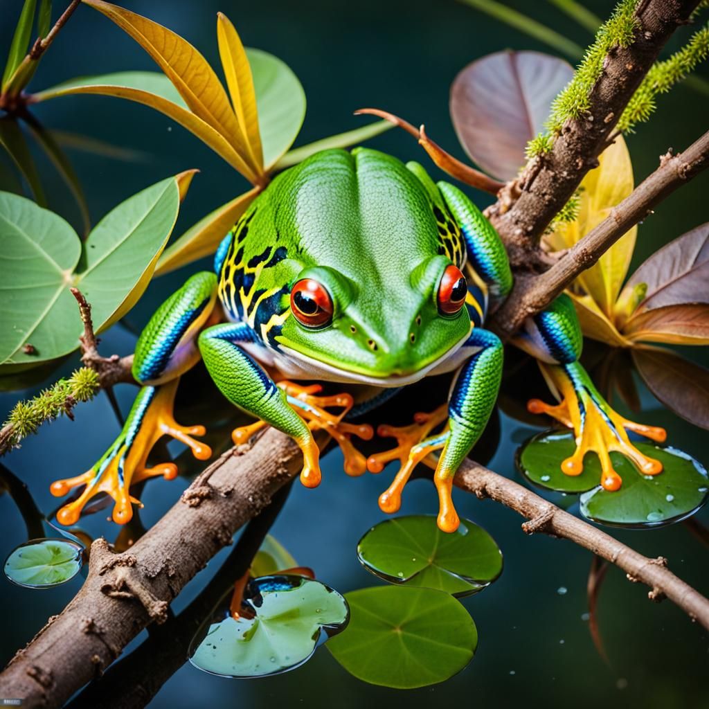 cute colorful frog sitting on a branch of a lad pad tree ,re...