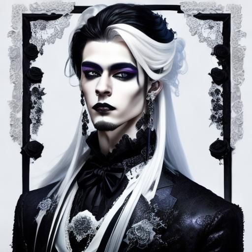 <lora:Goth fashion 2:1.0> Extremely detailed portrait of a face of a goth man in a blue lace clothes in a gothic black interior, detailed in...