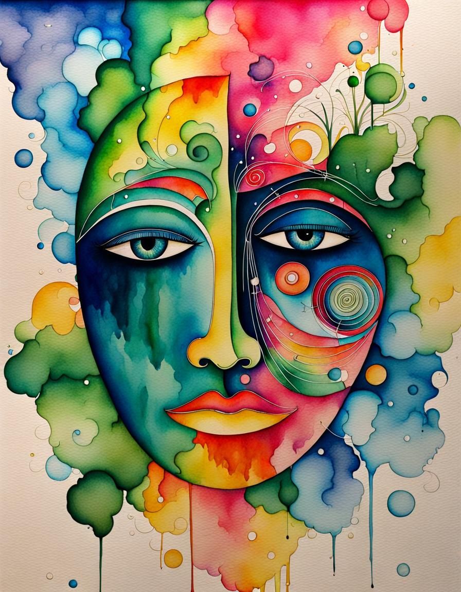 Abstract watercolor painting, abstract face blending with ba...