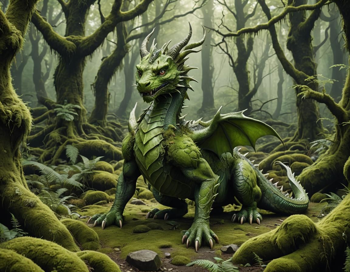 green feline styled dragon in a mossy old forest - AI Generated Artwork ...