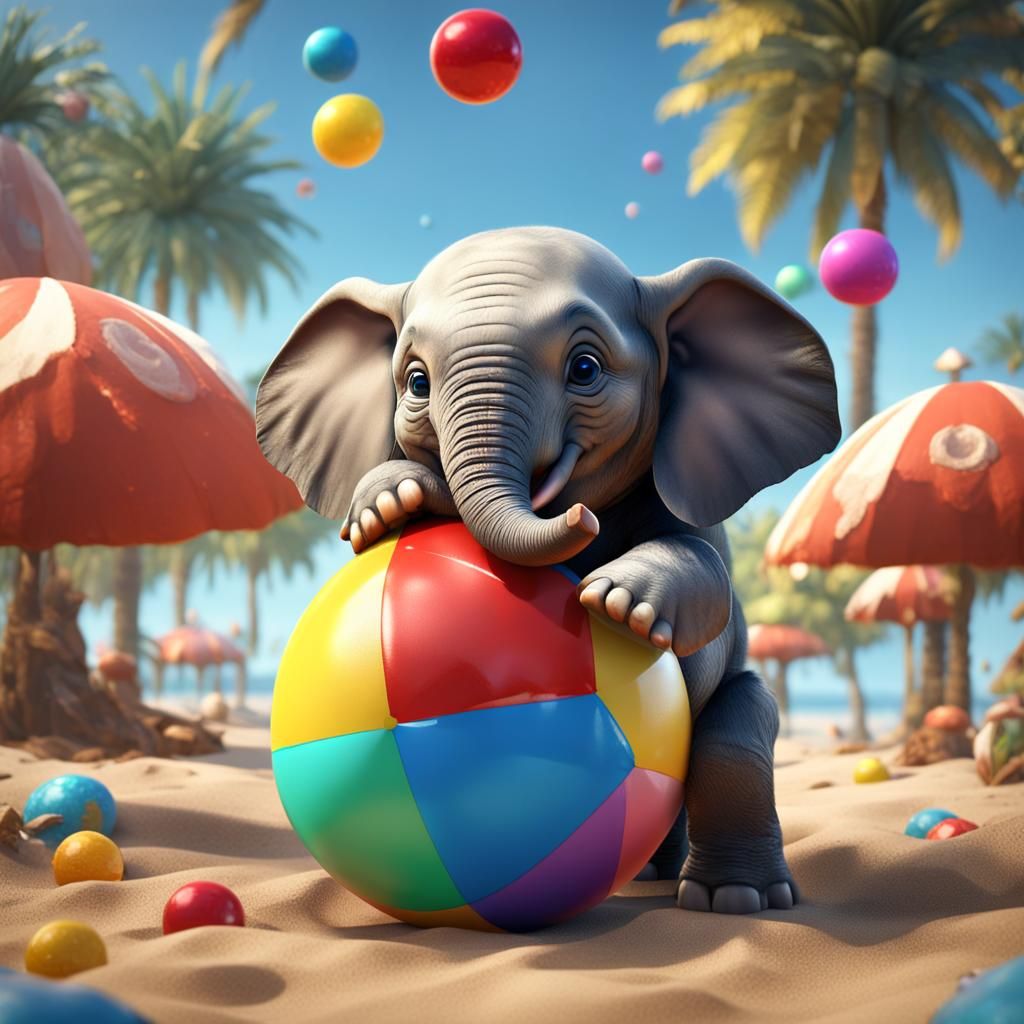 Cute little baby elephant playing with colorful beachball  by @undefined