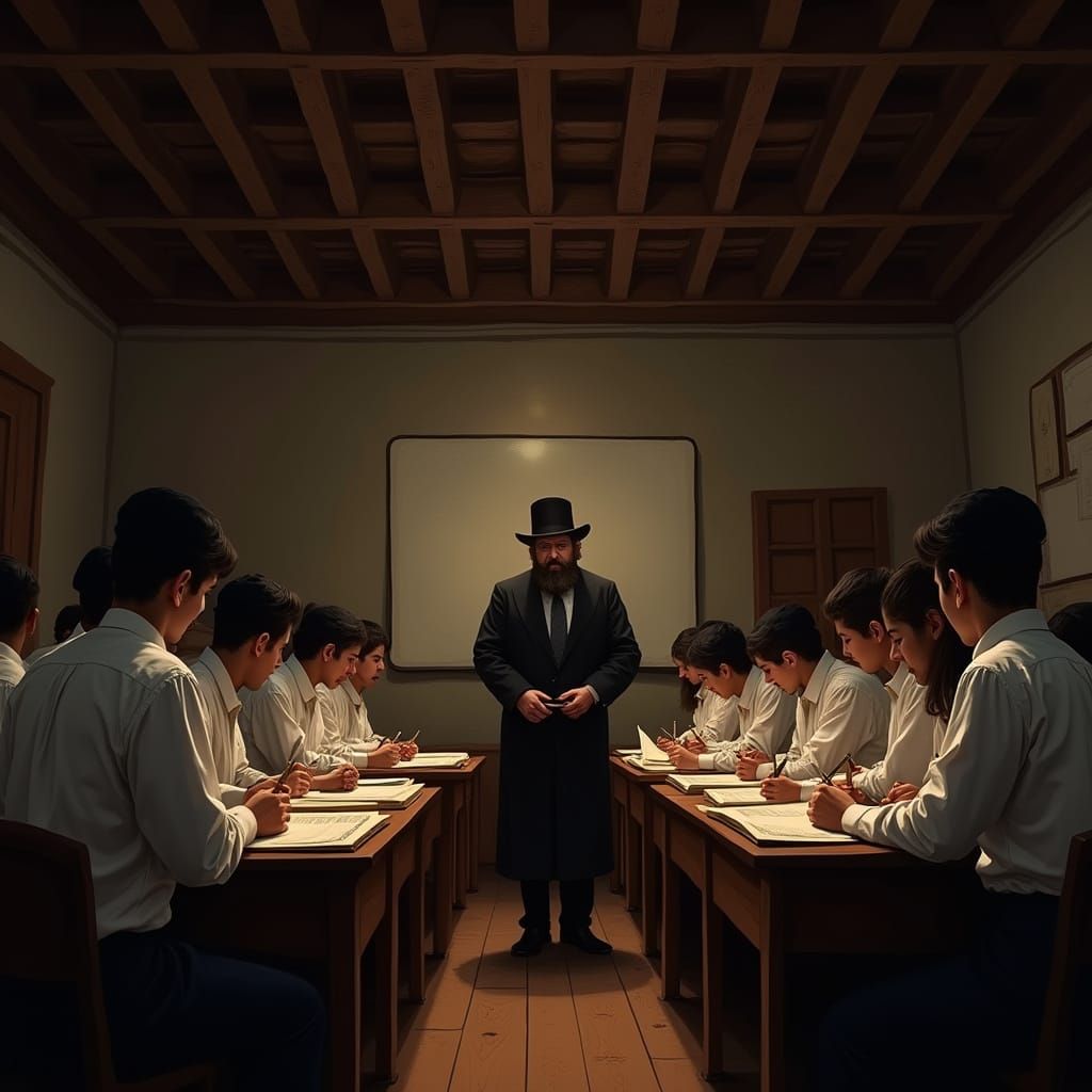 Traditional Yeshiva Classroom Scene as Realist Painting