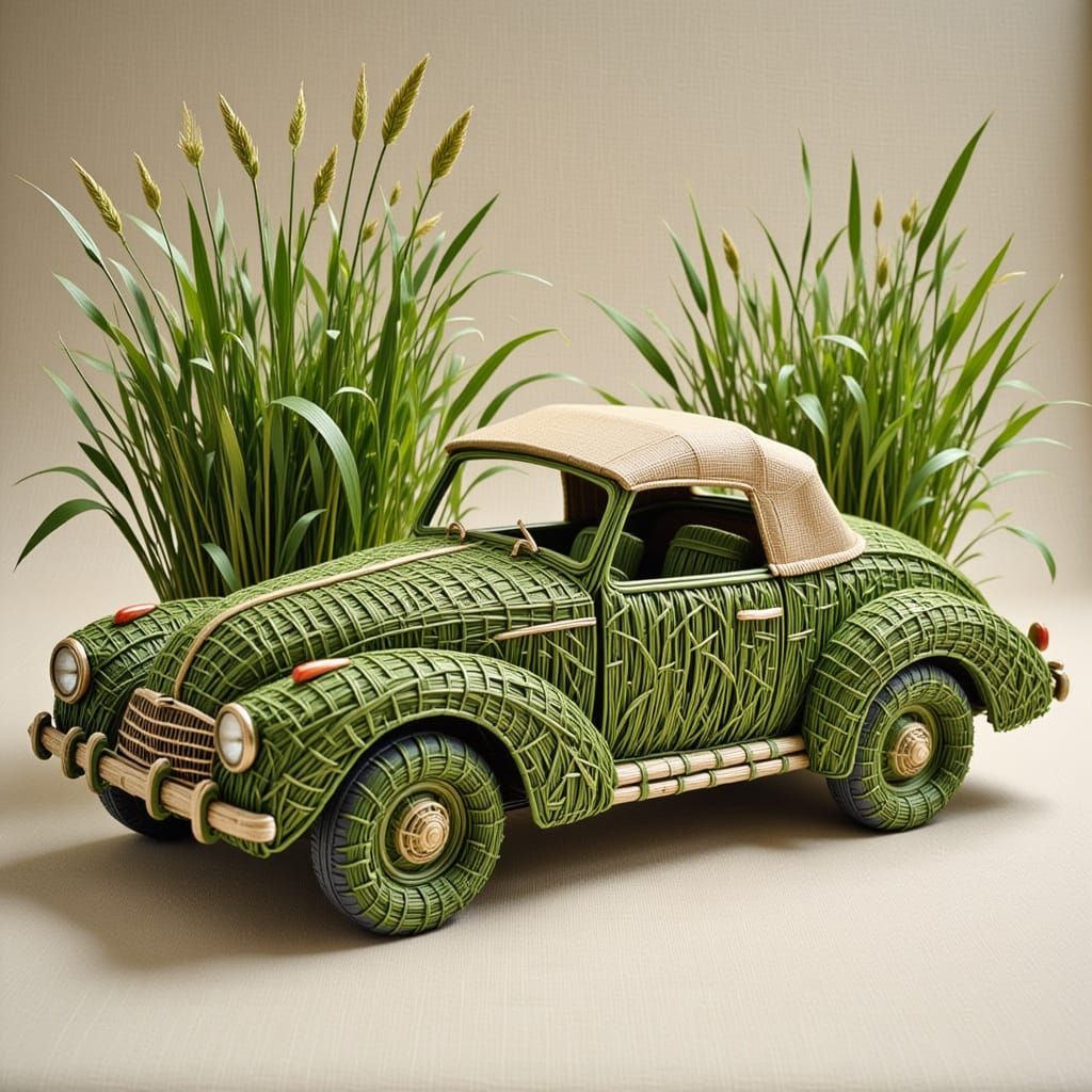 <lora:flax:1.0> toy cabriolet crafted from green stems and leaves of various grasses