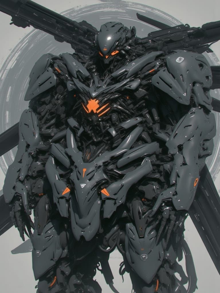 The robot is intricately constructed with angular and sharp components, giving it a mechanical, almost armor-like appearance. - Black domina...