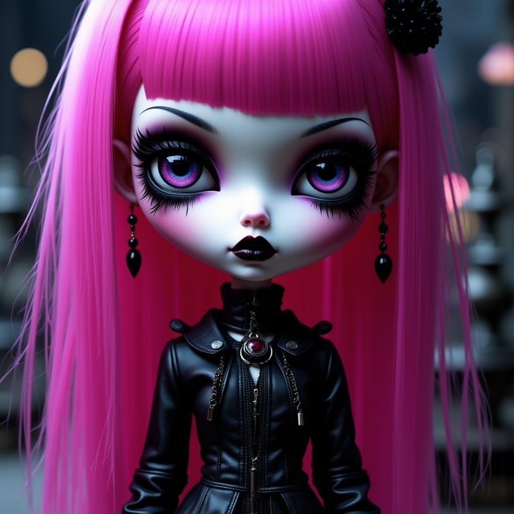 <lora:Goth Punk Flux:1.0> a masterpiece, a blythe doll, a porcelain doll, bright purple shiny sparkly deep glass eyes, shiny pink hair, blac...