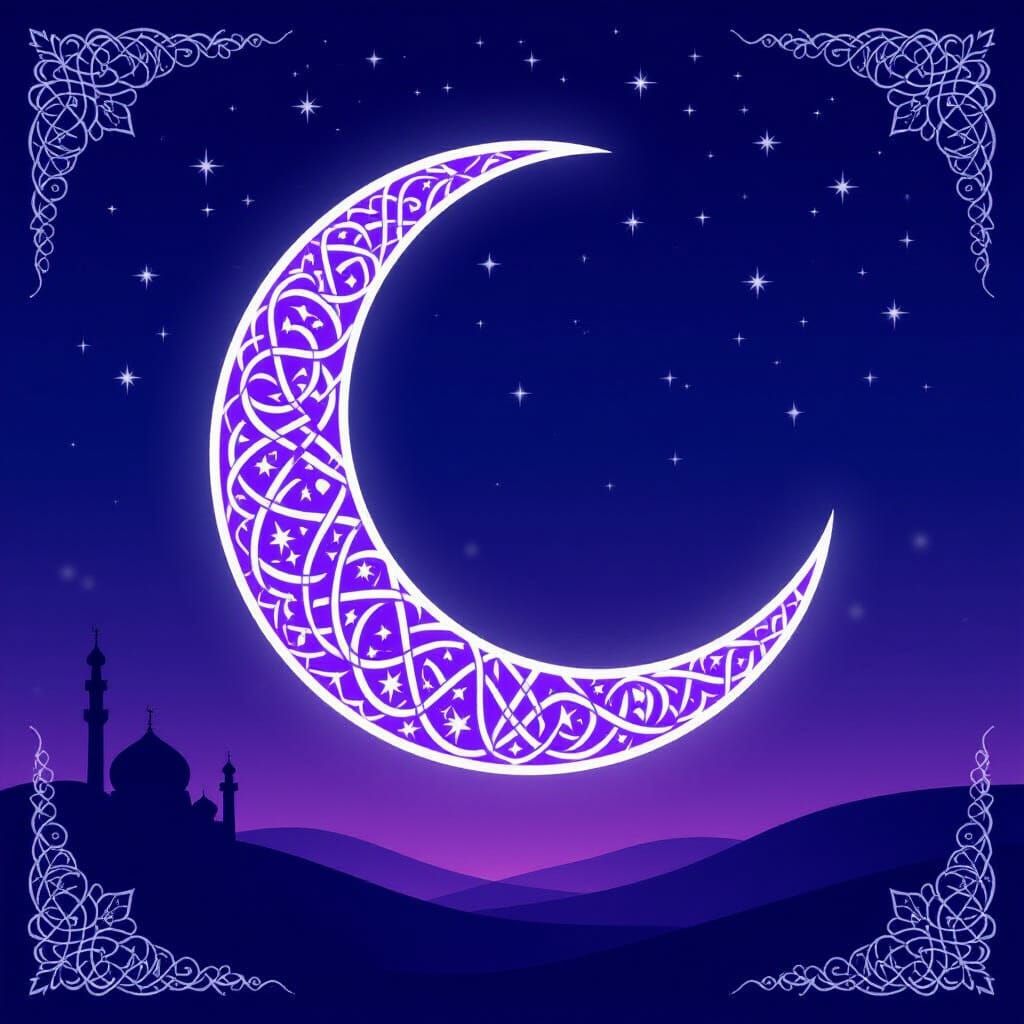 Purple Crescent Moon with Islamic Patterns