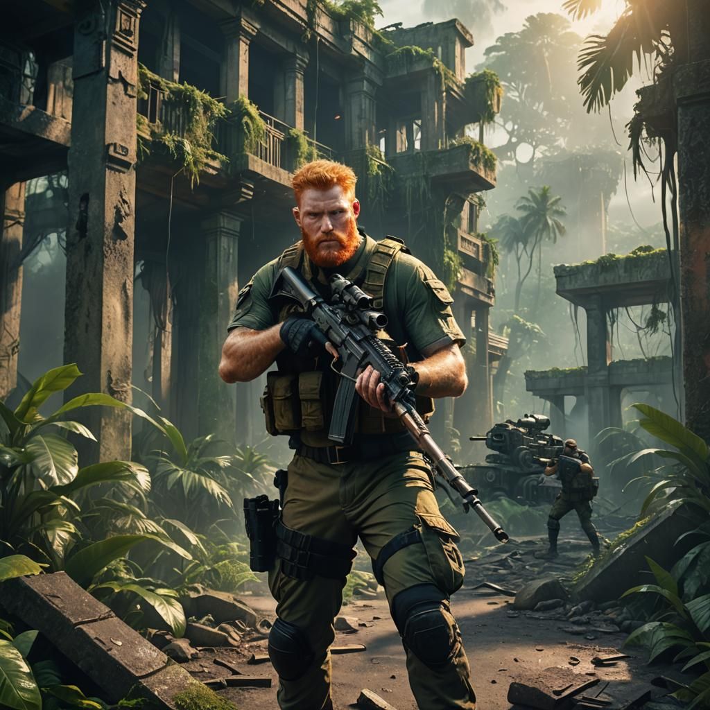 soldier fhigting in machine gun in the city in ruin  in the ...