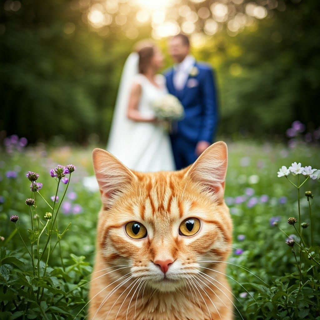 At a wedding, a close up of a face of an orange tabby cat centered at the bottom of image with a married human male and female couple behind...
