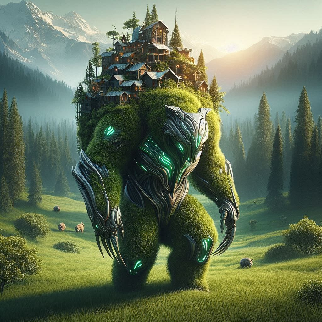 Ancient plant covered Mech carrying forest city on back