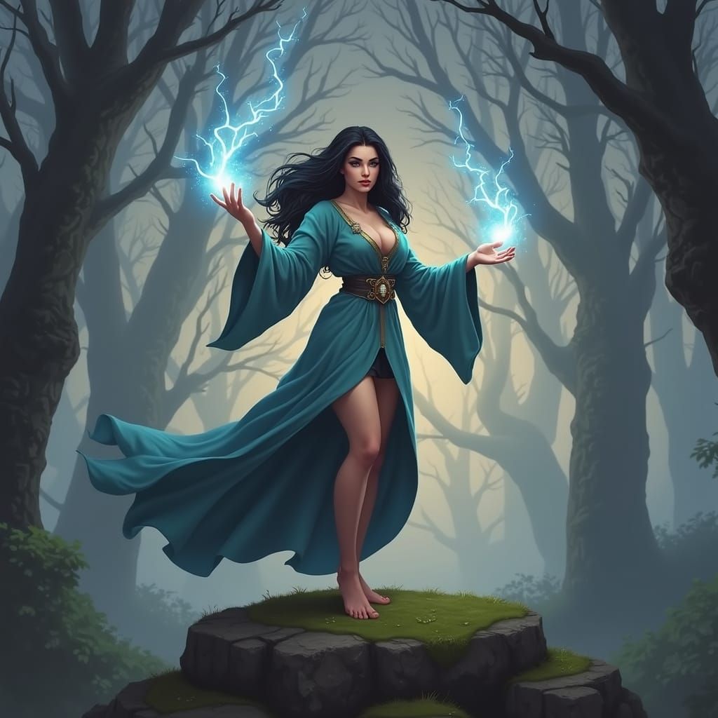A Powerful and Beautiful Sorceress Practicing Magic in the Forest