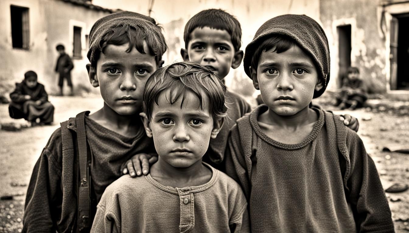 A photorealistic image of children from a small village, which was almost totally destroyed by War   by @Druna