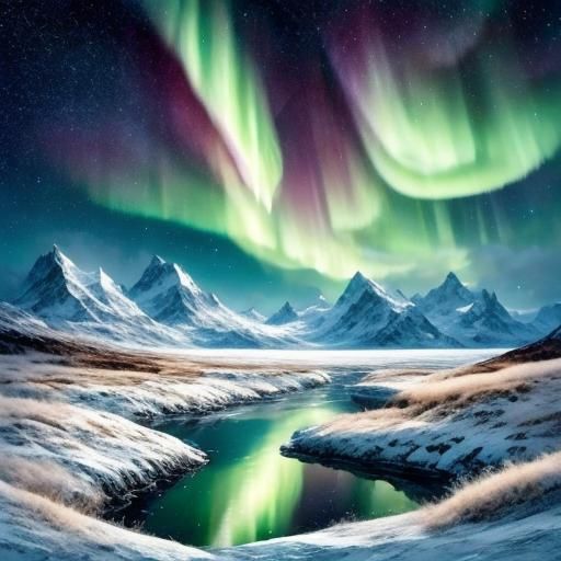 Nothern_light_in_Starry_Night_Sky_at_the_icy_tundra", Stars, moon, aurora, distant mountain peak, frozen river <lora:Spin Glow SD15:1.0> 