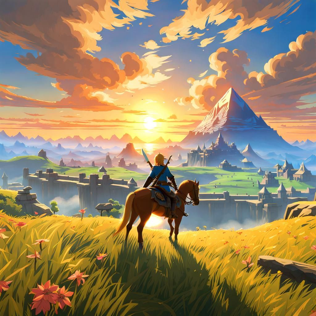 zelda breath of the wild, Link with sword in town golden hour, magical ...