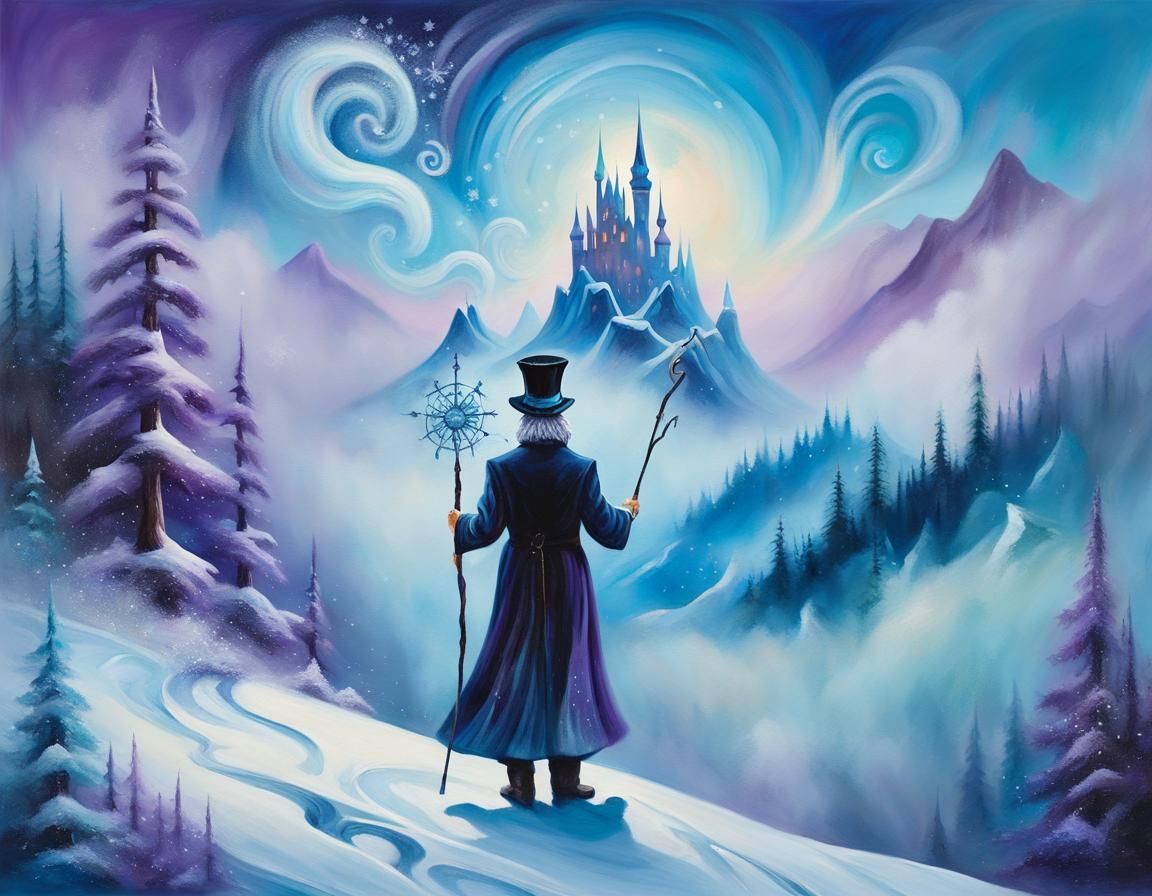 Wizard in Snowy Mountains: Surrealist Oil Painting