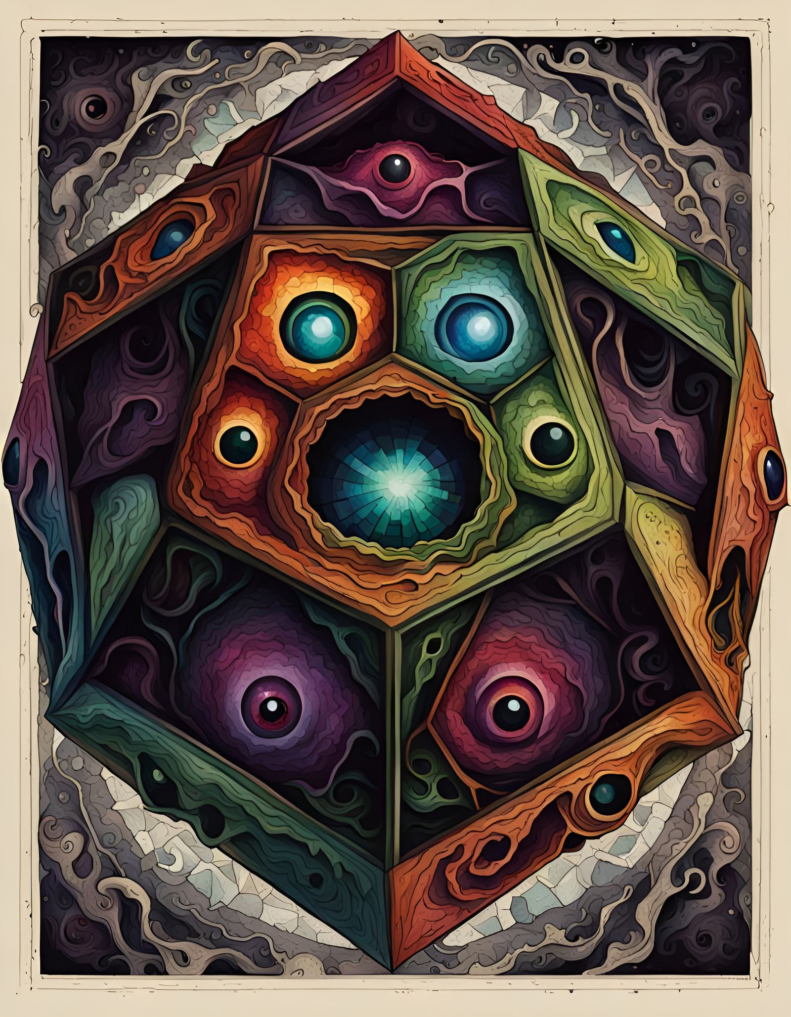 Lovecraftian Dodecahedron, abstract, dark fantasy, horror eldritch, foreboding colors, asymmetrical, epic, eyes, teeth