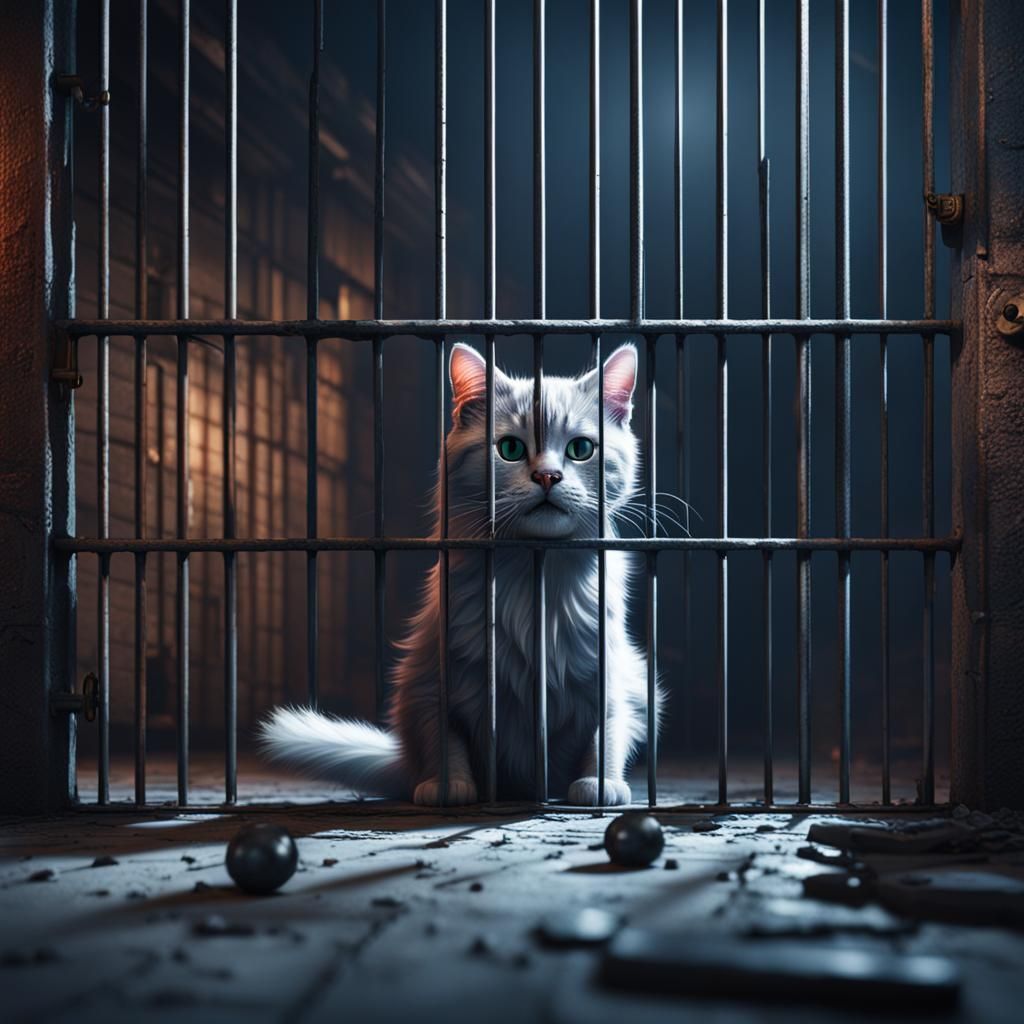 cat ghost trapped in jail cell with a knife