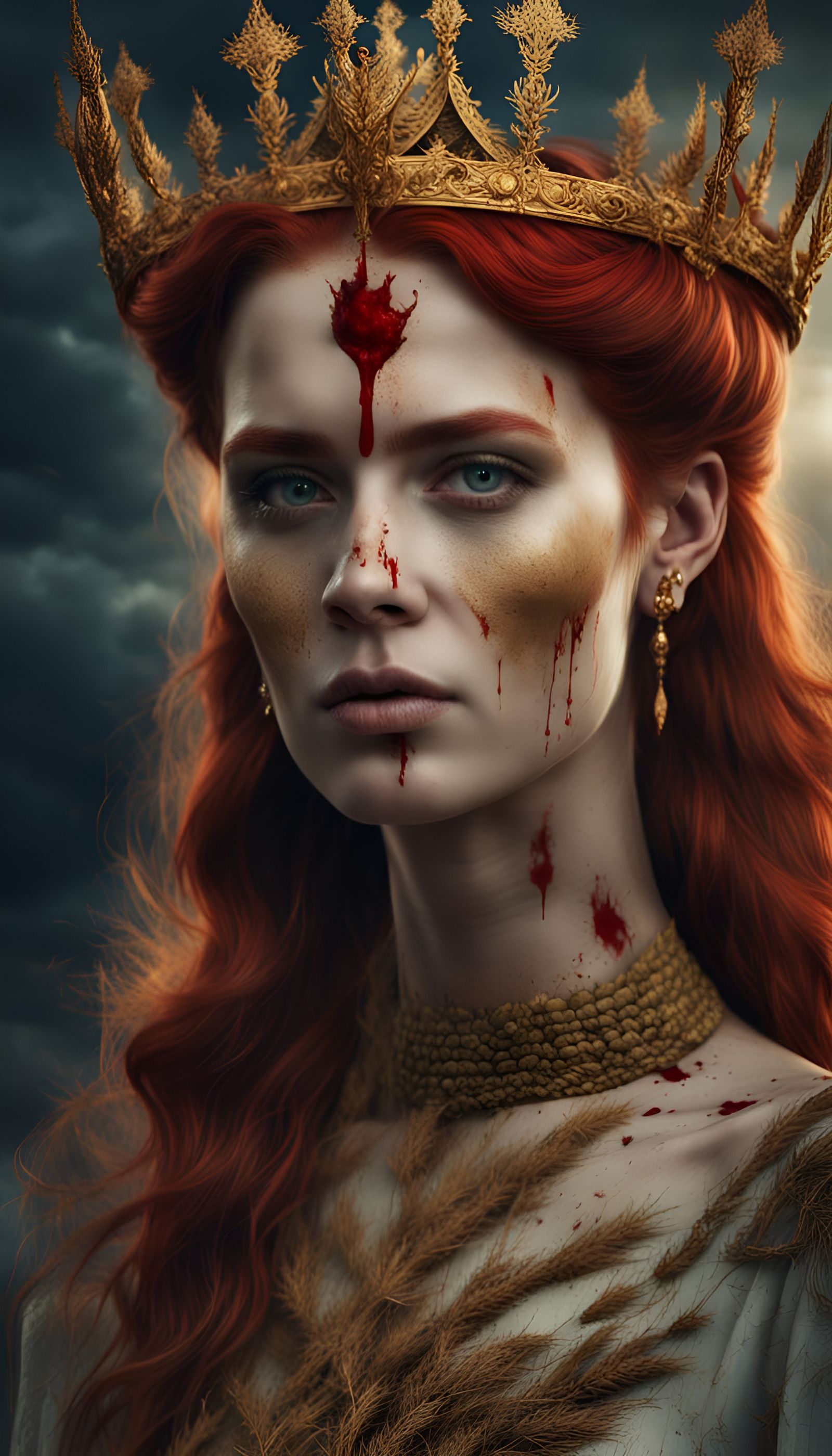 full-length portrait of redhead queen with golden crown and ...