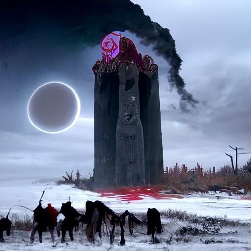 Eldritch Warlocks casting spells by a monolith in a wastelan...