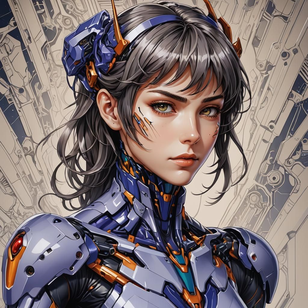 alluring highly-detailed gel-pen illustration portrait of an attractive Evangelion as an intricate android, ...  by @Harley Knight