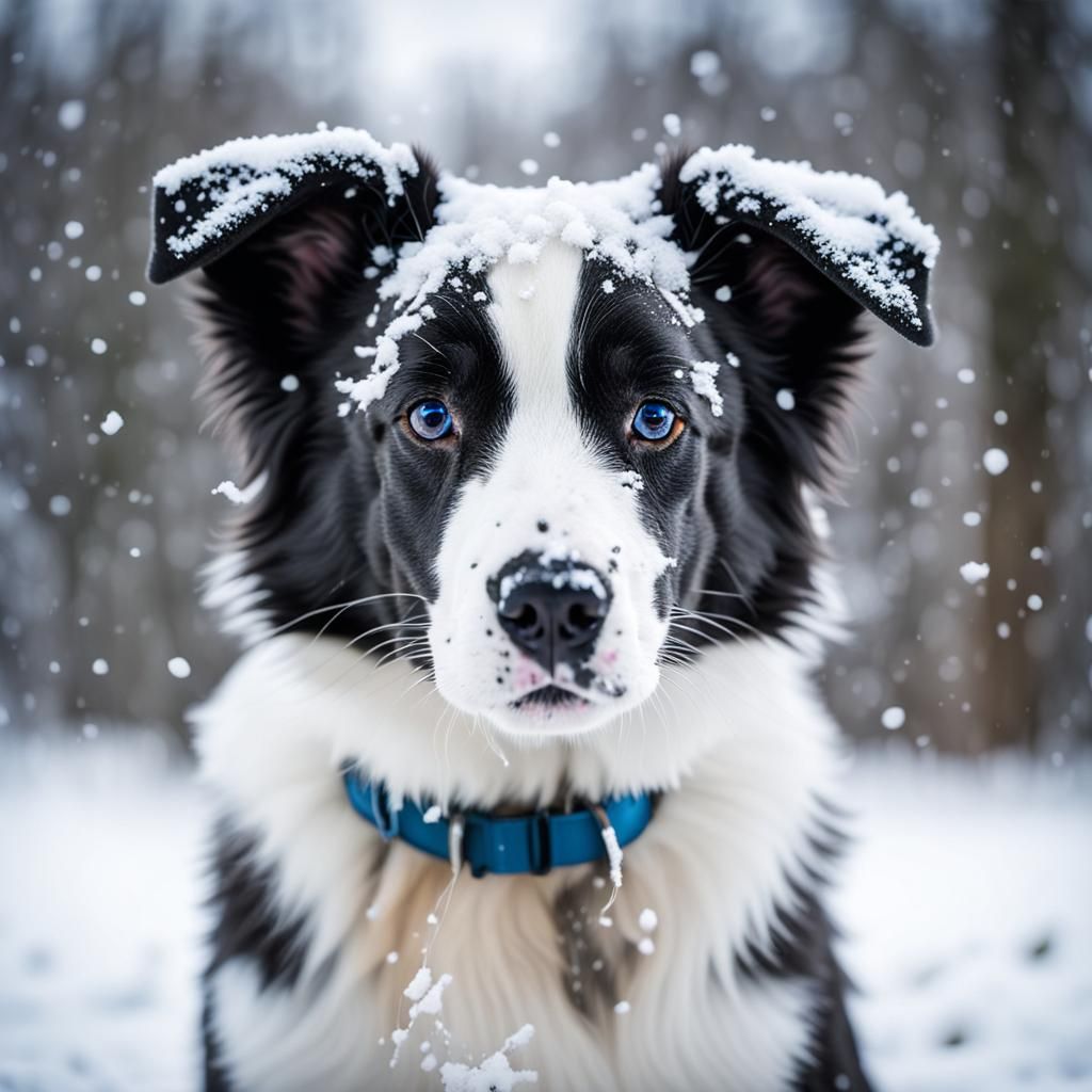 A beautiful Border Collie puppy with snow on his face in the...