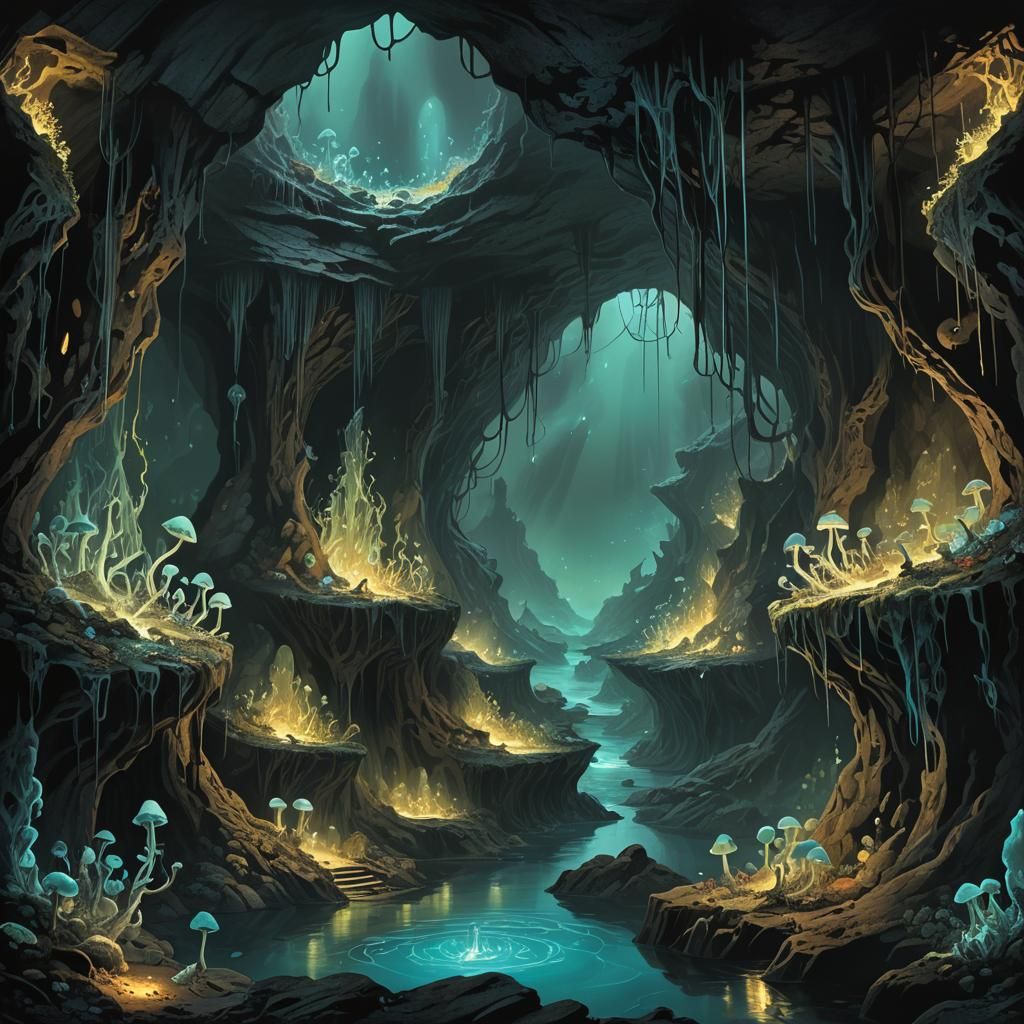 Render a subterranean cavern illuminated by bioluminescent f...