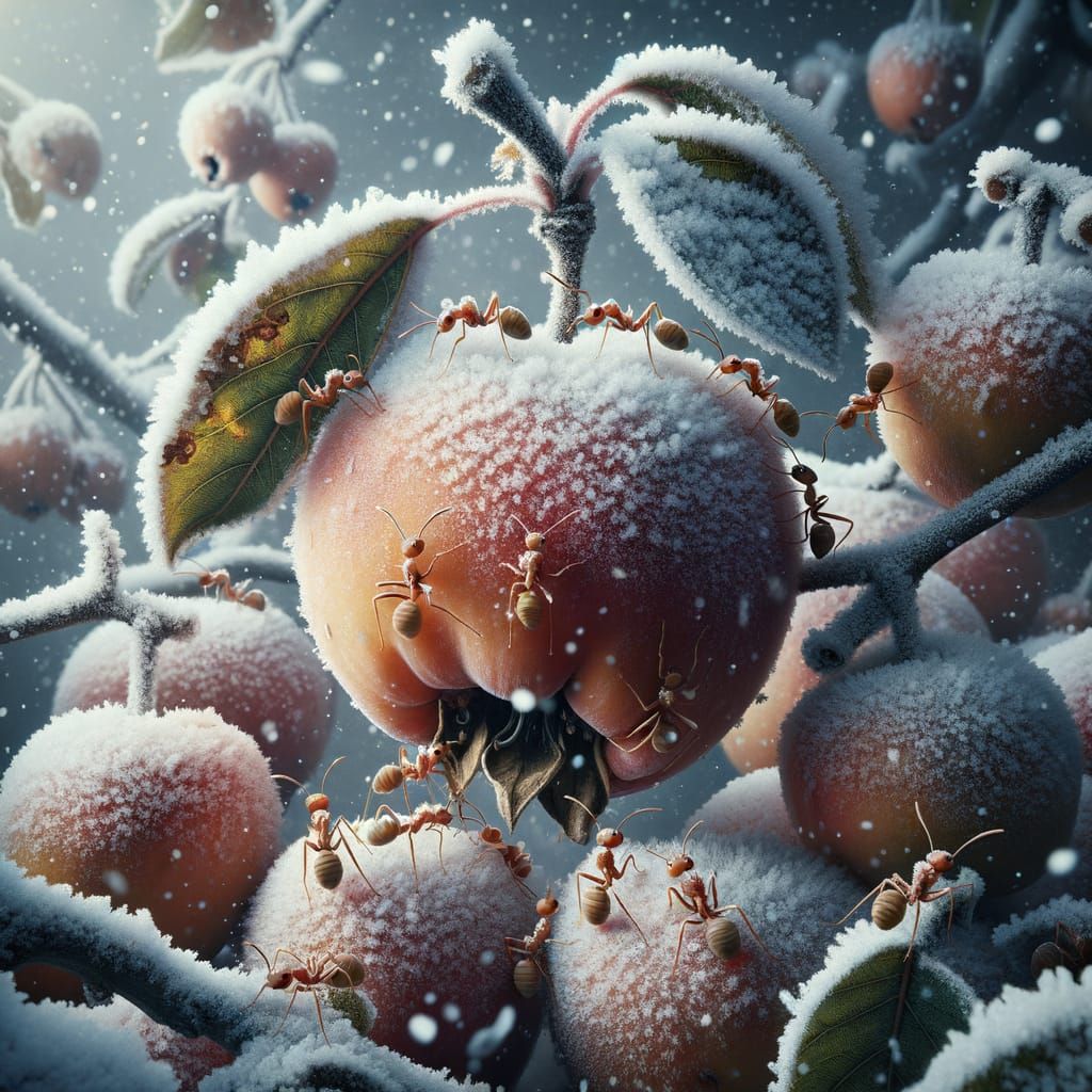 Snow-dusted medlar fruit reveals ants awakening from winter's slumber