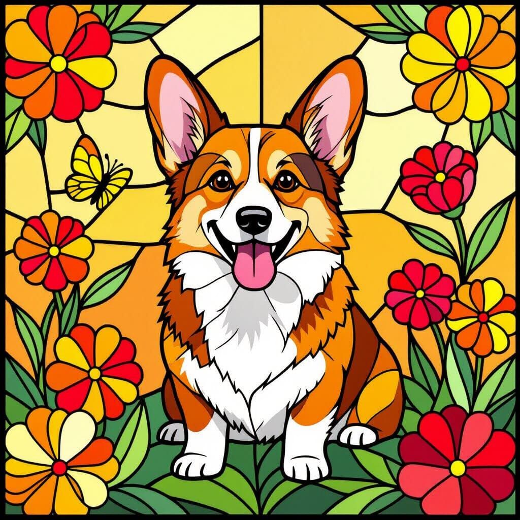 Stained Glass Corgi with Autumn Flowers