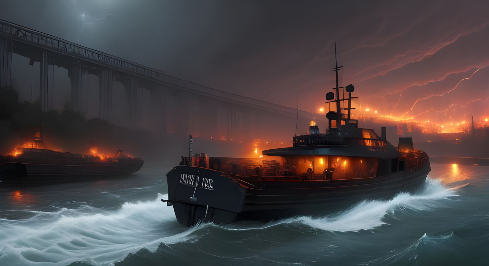 modern barge shipwreck in river during a storm Mark Brooks a...