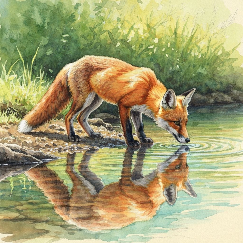 A young red fox takes a drink from a creek  by @SuperGen