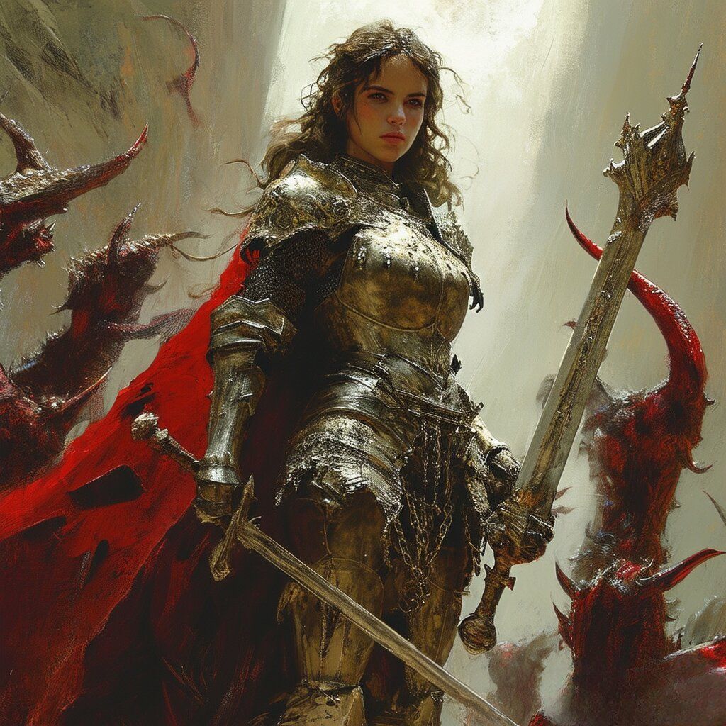 Female in a intricate knight outfit surrounded