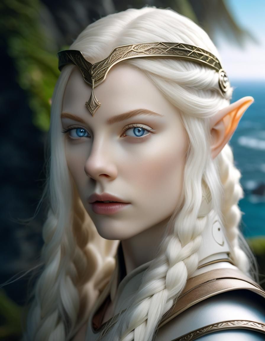 coastal portrait. elven girl warrior, albino with white skin type ...