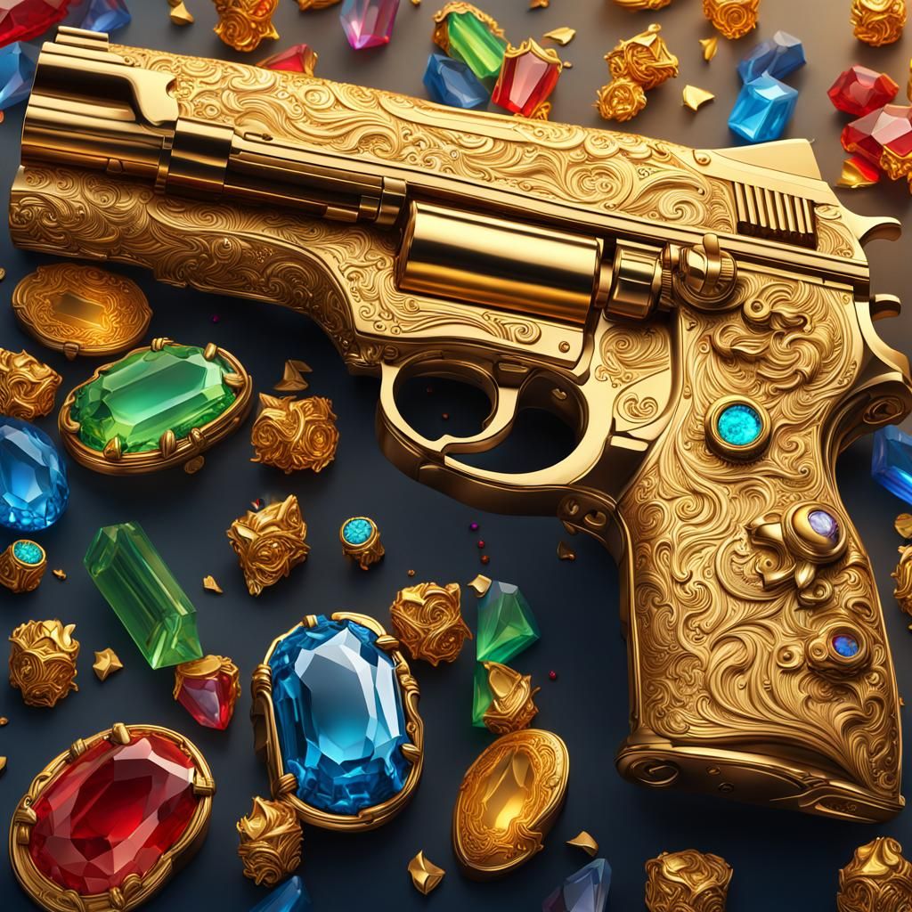 golden gun full of carvings and colored gems