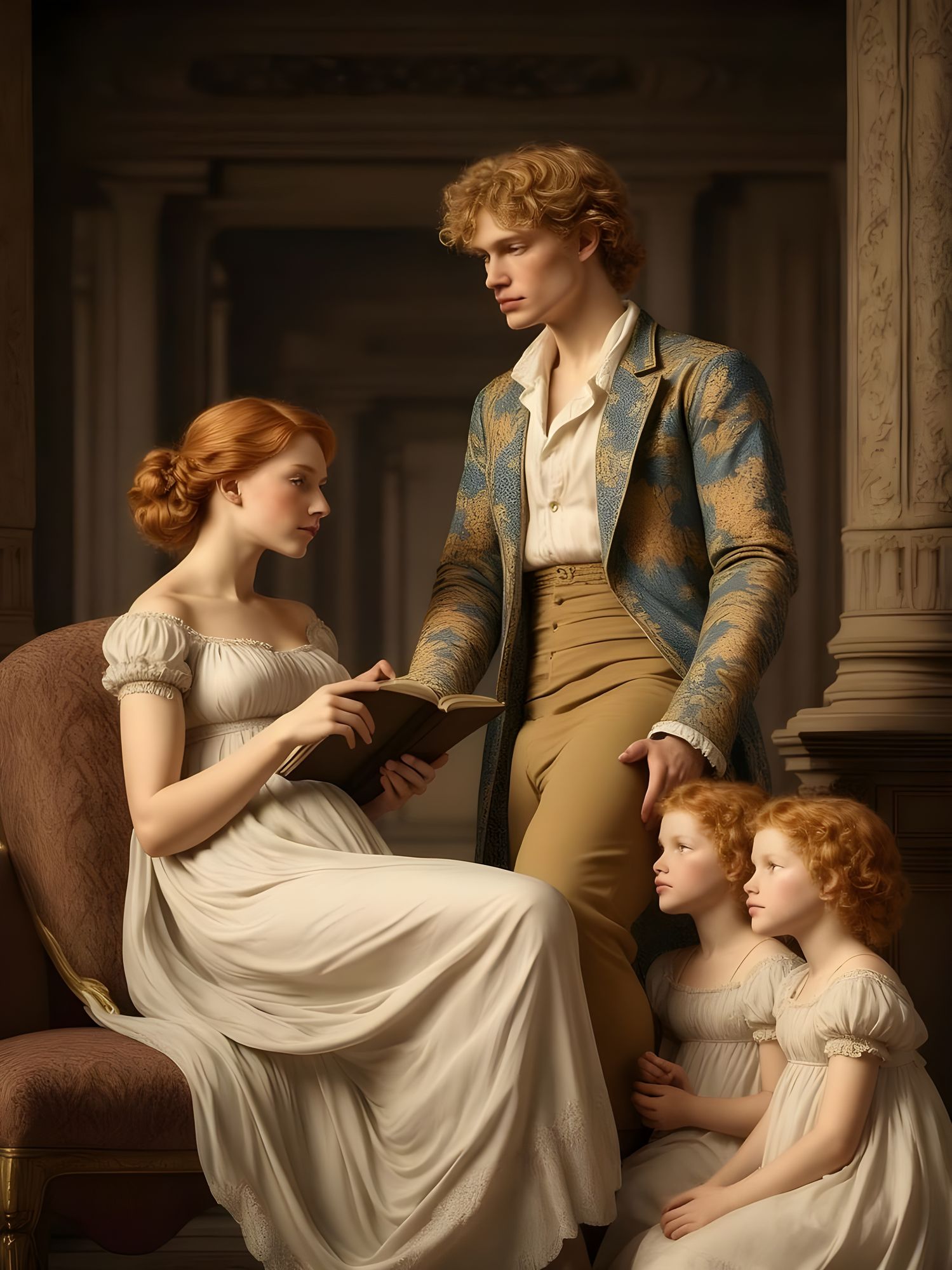 A handsome, tall regency man in a brightly-patterned brocade dressing-gown over shirt and trousers with curly blond hair in a library with a...