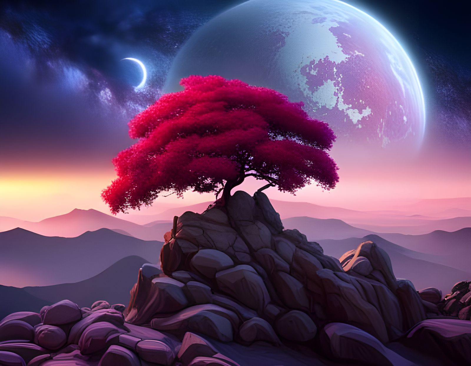 Red tree in space