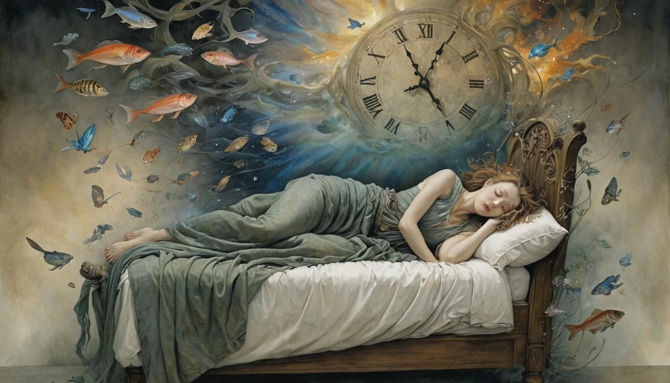 A surreal highly detailed illustration of a person asleep on a bed, their body surrounded by an otherworldly ...  by @blenta