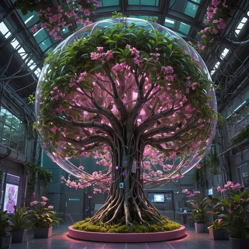 futuristic bio-dome containing a lush, green tree