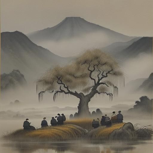 Contemplative Gathering in Ink Painting Style