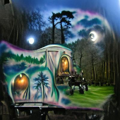 airbrush art old style gypsy caravan in the woods with a hug...