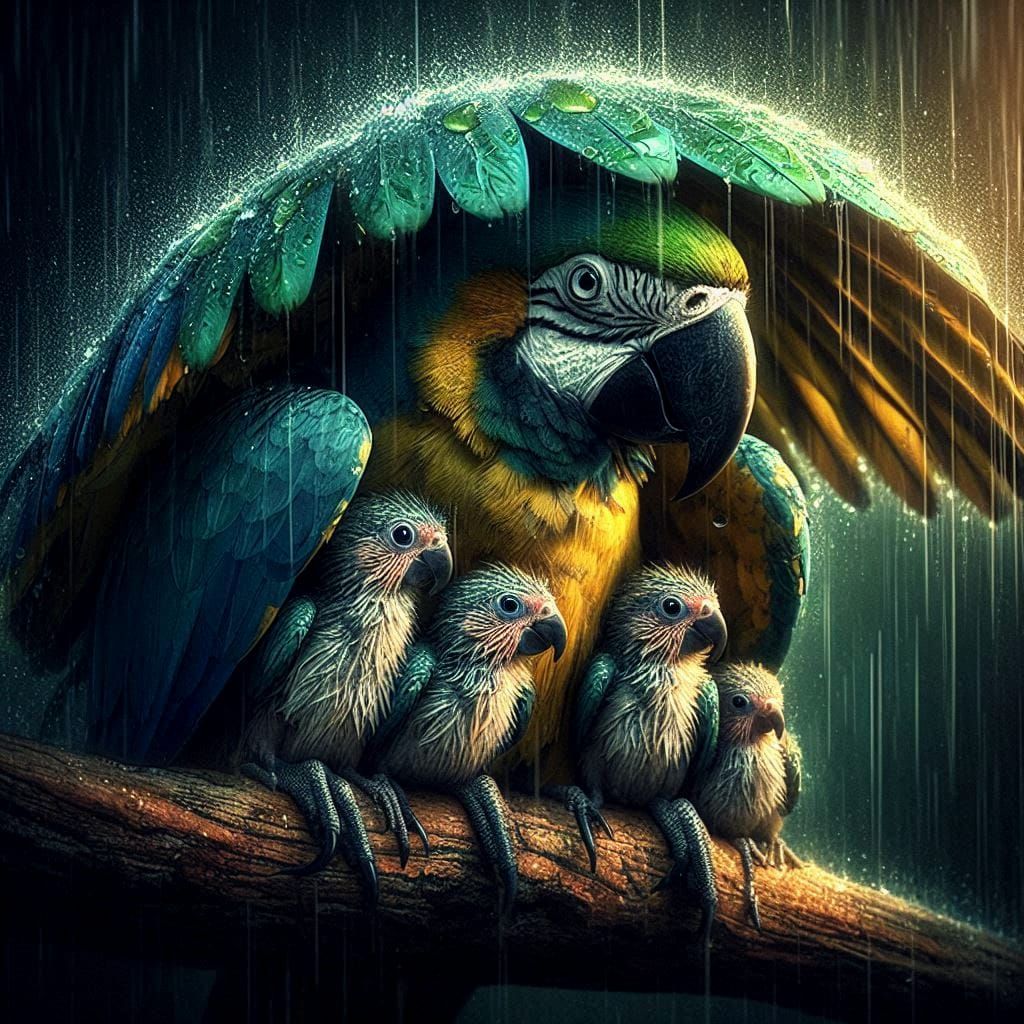 Maman perroquet protégeant ses petits