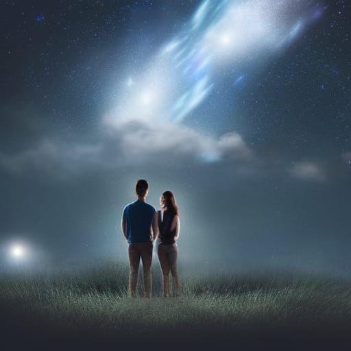 couple standing in an open field with a sky of stars