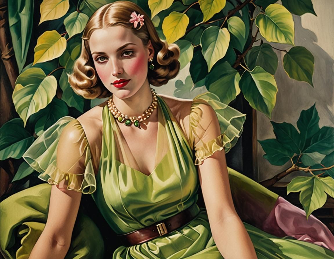 Lempicka-Style Woman in Yellow Dress with Oak Background