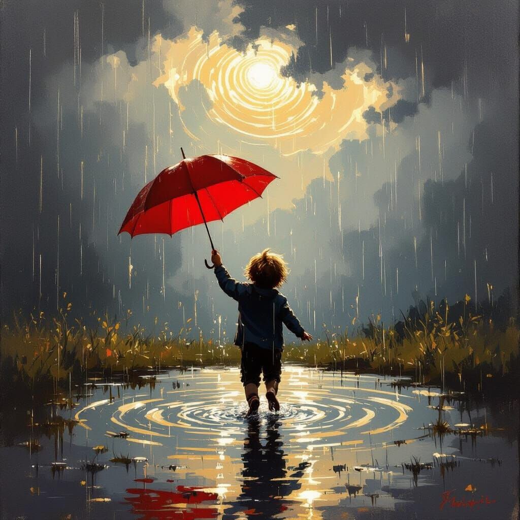 Child Dancing in Rain Under Golden Light